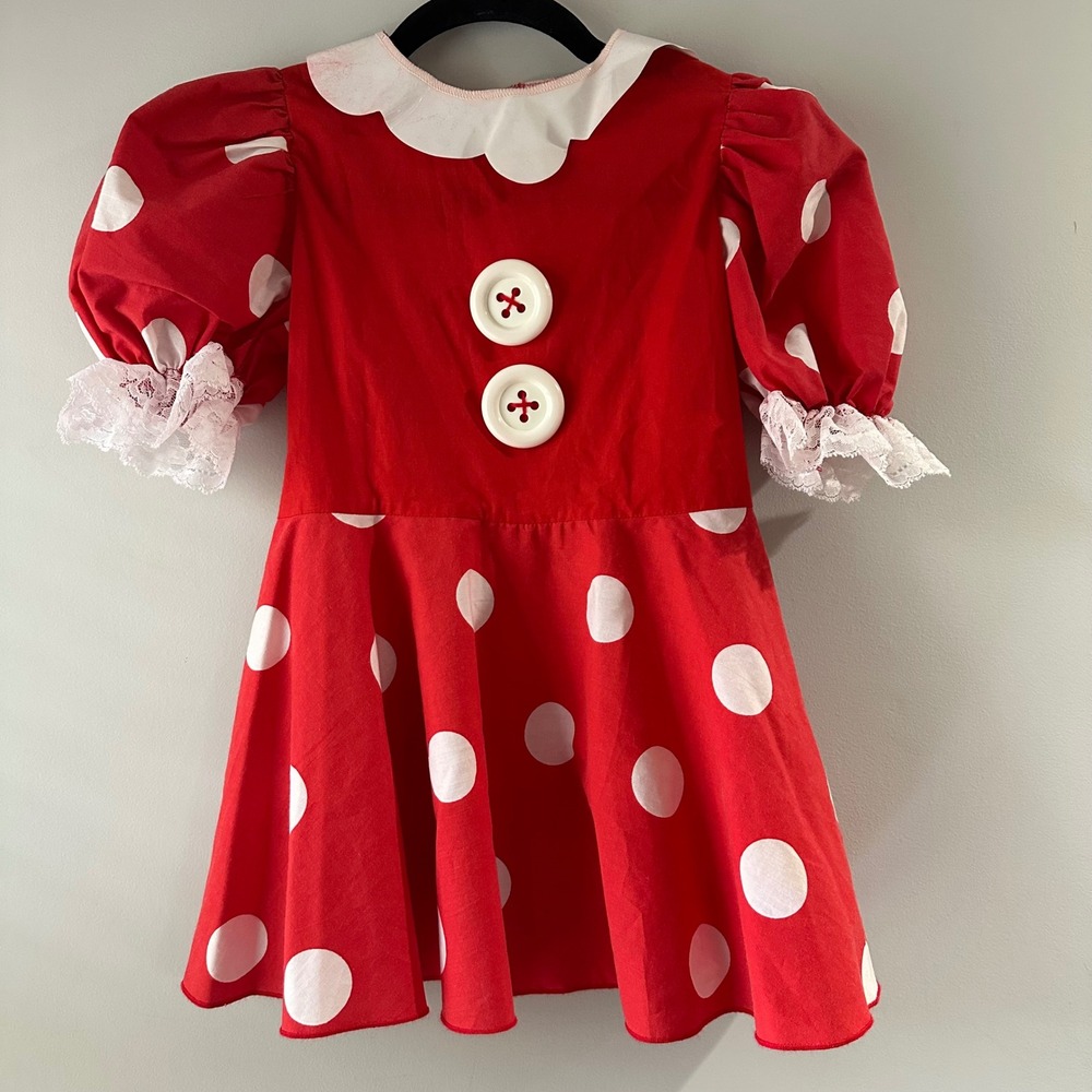 RARE Vintage Disney Wear Kids Red Polka Dot Dress 8-10 Girls Puff Sleeve Collar